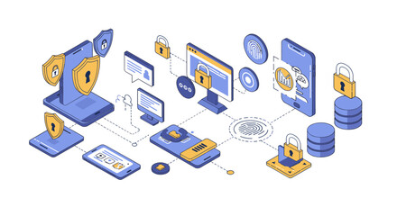 Cybersecurity technology and data protection isometric vector illustration for digital security design