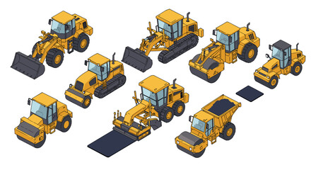Obraz premium Construction vehicles collection vector illustration: isometric heavy machinery for design and educational use