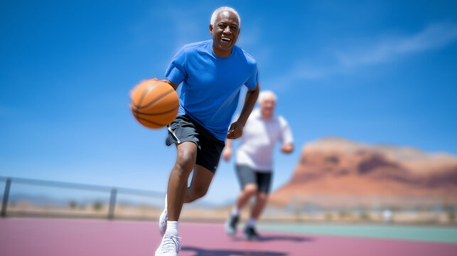 Senior man dribbles basketball while jogging on outdoor court. Vibrant blue sky and scenic mountain backdrop create an active setting. Concept of sports, fitness, healthy lifestyle - Powered by Adobe