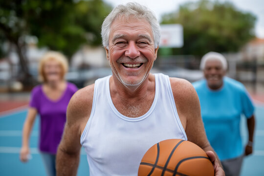Older man looking at camera with joyful expression while holding basketball. Friends enjoying game on vibrant outdoor court