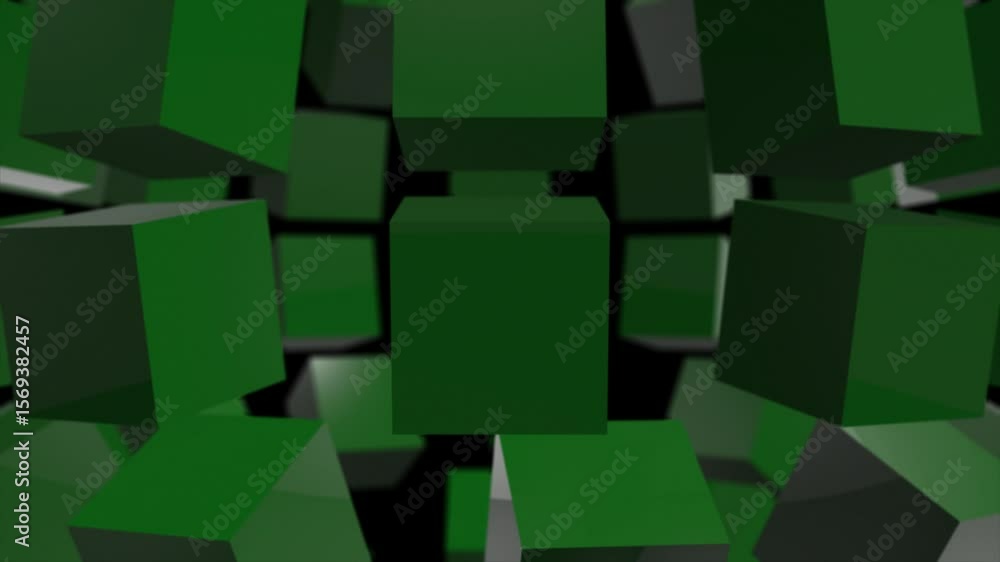 Poster green color 3d shiny cubes rotating and forming 3d sphere advanced loop able geometrical black backg