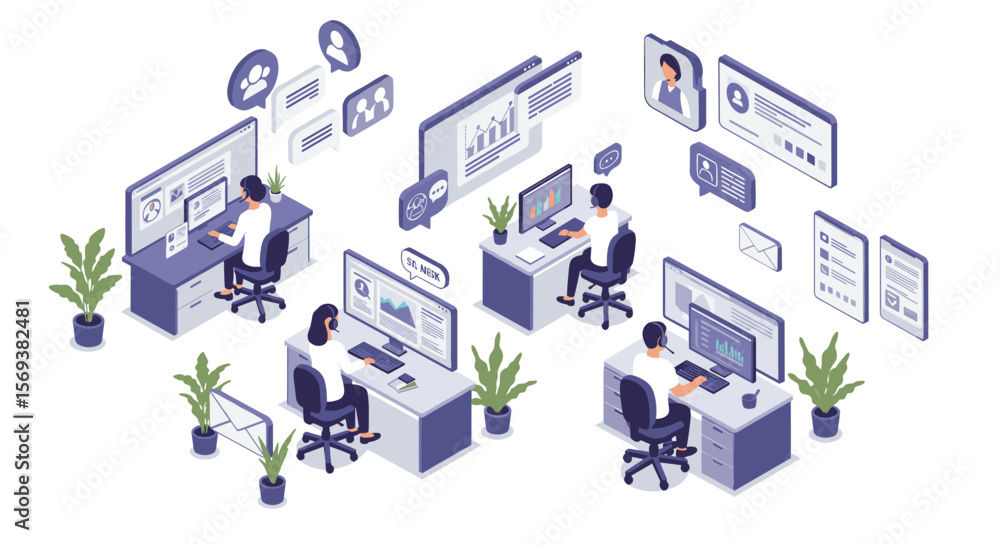 Poster isometric office workspace with team collaboration and data analysis vector illustration