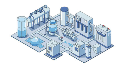 Obraz premium Isometric vector illustration of industrial water treatment plant for engineering and environmental design