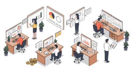 Business team analysis and presentation in office environment isometric vector illustration