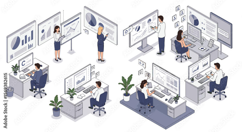 Poster isometric business office workspace vector illustration for data analysis and presentation design