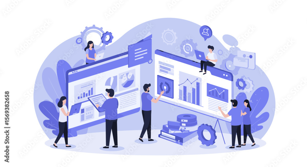 Poster teamwork and data analysis vector illustration for business projects in flat style