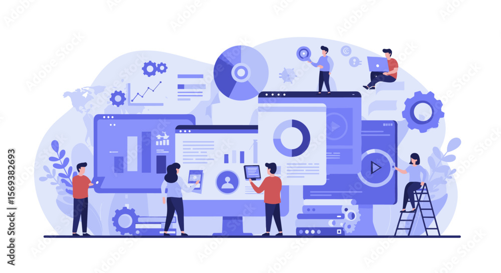 Aufkleber digital collaboration and data analysis teamwork vector illustration for business design