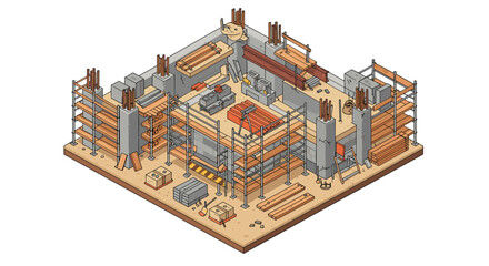 Construction site isometric vector illustration for architectural design and building projects