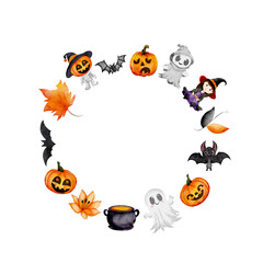Round Halloween watercolor wreath with cute ghost, witch, bat and pumpkins. White background with text space. Kids' party invitations, cards, decor.