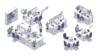 Modern office isometric vector illustration: workplace design with technology and collaboration elements