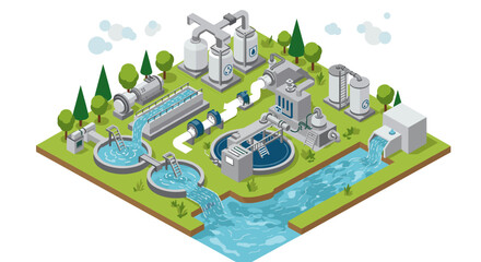 Isometric vector illustration of water treatment plant for sustainability and engineering design