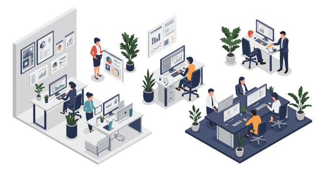 Modern office workflow vector illustration in isometric style for business design and posters