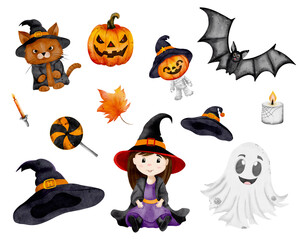 Halloween watercolor set featuring a witch, ghost, zombie, black cat, and bat on white background. Perfect for spooky invitations, kids' decor, party supplies, and festive holiday projects