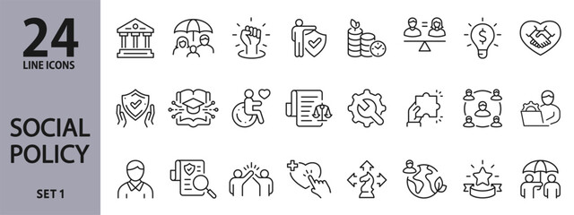 Set of Social Policy line icons with Government, Justice, Community, Equality, Benefit, Support, Strategy and others. Editable stroke