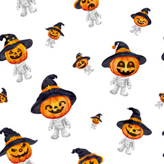 Playful Halloween seamless pattern featuring a smiling zombie pumpkin wearing a witch hat, painted in cheerful watercolor style. Perfect for kids, party decorations, wrapping and festive designs.