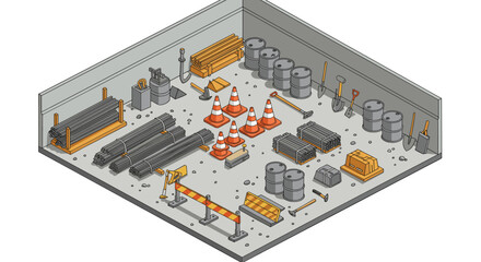 Isometric construction site tools and equipment vector illustration for engineering design and posters