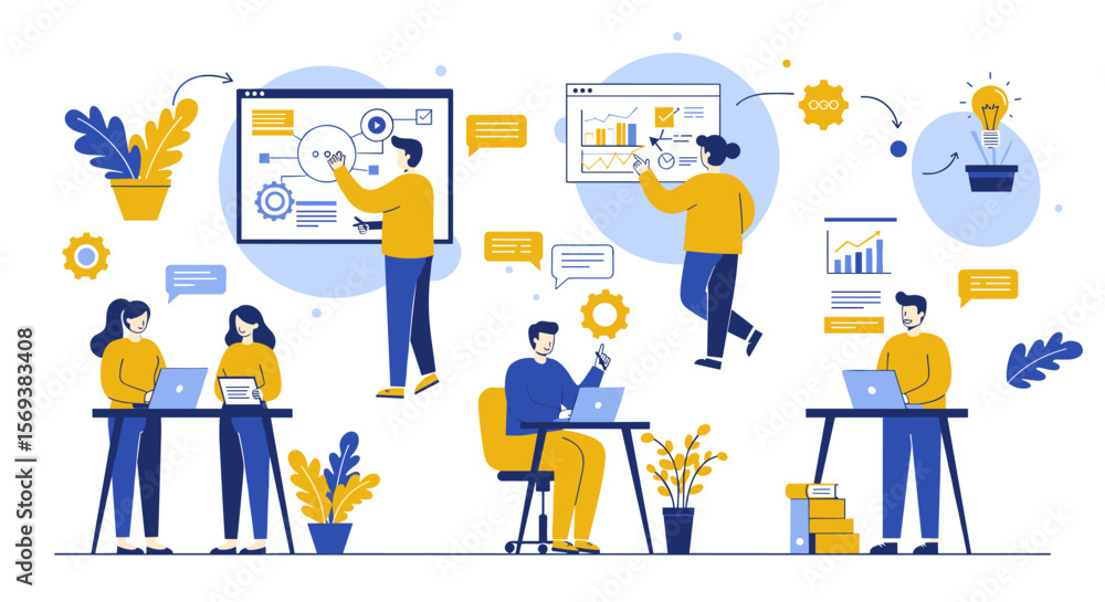 Aufkleber team collaboration and workflow in a modern office vector illustration for design and web