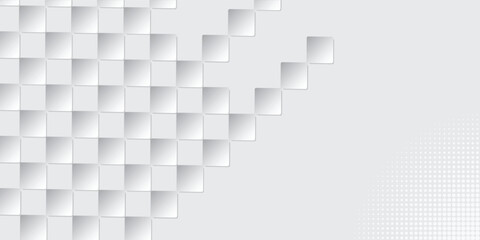 Obraz premium A modern abstract background featuring a gradient of light gray to white, adorned with a geometric pattern of raised squares on the left and a subtle halftone dot gradient on the right. 
