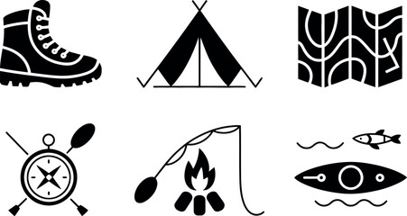 Vector Camping Icons:  Adventure Gear, Tent, Map, Compass, Kayak