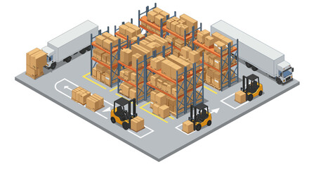 Isometric warehouse vector illustration with forklifts and trucks for logistics and shipping design