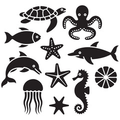 Set of marine animals black silhouette in cartoon style, cute sea animals isolated on white background, sea fish desing alements for poster, card, printing characters.