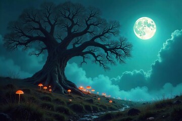 Fototapeta premium Ancient Oak Tree in Misty Moonlit Clearing, Glowing Mushrooms, Spooky Fantasy Scene