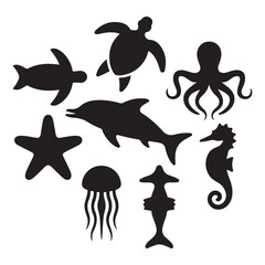 Set of marine animals black silhouette in cartoon style, cute sea animals isolated on white background, sea fish desing alements for poster, card, printing characters.