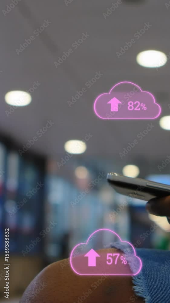 Aufkleber animation of digital clouds with percent going up over man using smartphone