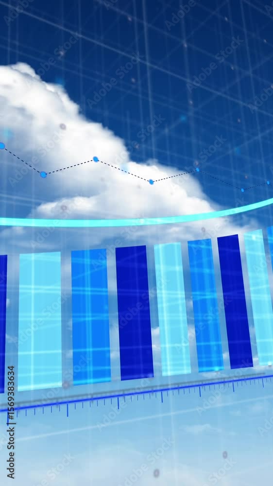 Aufkleber animation of statistical data processing over grid network against clouds in the blue sky