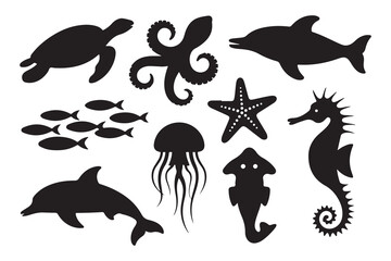 Set of marine animals black silhouette in cartoon style, cute sea animals isolated on white background, sea fish desing alements for poster, card, printing characters.