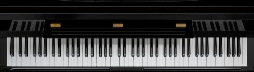 Top view of elegant black and white piano keys, horizontal layout. Art, music industry, concert promotion, instrument branding. For use in posters, educational materials, album covers, graphic design