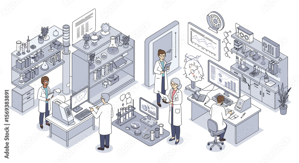 Aufkleber modern laboratory workspace with scientists in isometric vector illustration for educational and sci