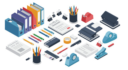 Isometric office supplies vector illustration for organization and workspace design