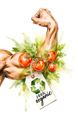  An artistic watercolor illustration of a flexing bicep adorned with a cluster of ripe red tomatoes and fresh greenery, featuring an "100% organic" tag with a recycling symbol