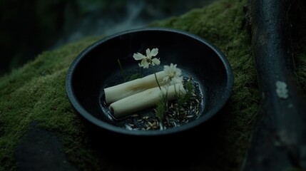 Ethereal Forest Feast: Delicate White Flowers Adorn Steamed Asparagus in Dark Bowl