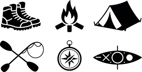 Vector Camping Icons: Boots, Fire, Tent, Kayak, Paddle, Compass