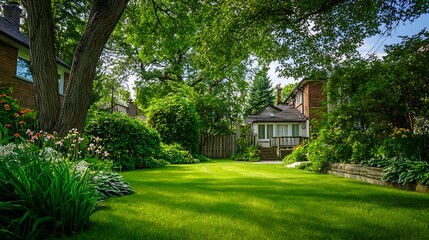 Fototapeta premium Vivid lawn garden surrounded by blooming flowers / 花に囲まれた鮮やかな芝生のガーデン