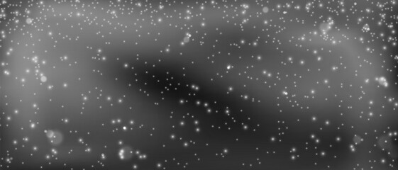 Snowfall in the night sky background, Christmas snowflakes transparent overlay background, Snowstorm vector illustration on dark.