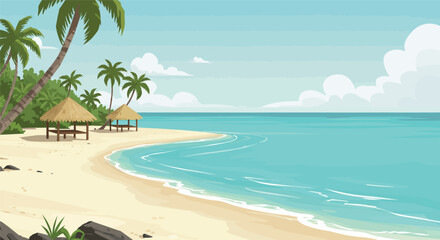 A serene tropical beach with swaying palm trees, crystal-clear ocean water, and a bright blue sky invites a relaxing summer vacation in paradise