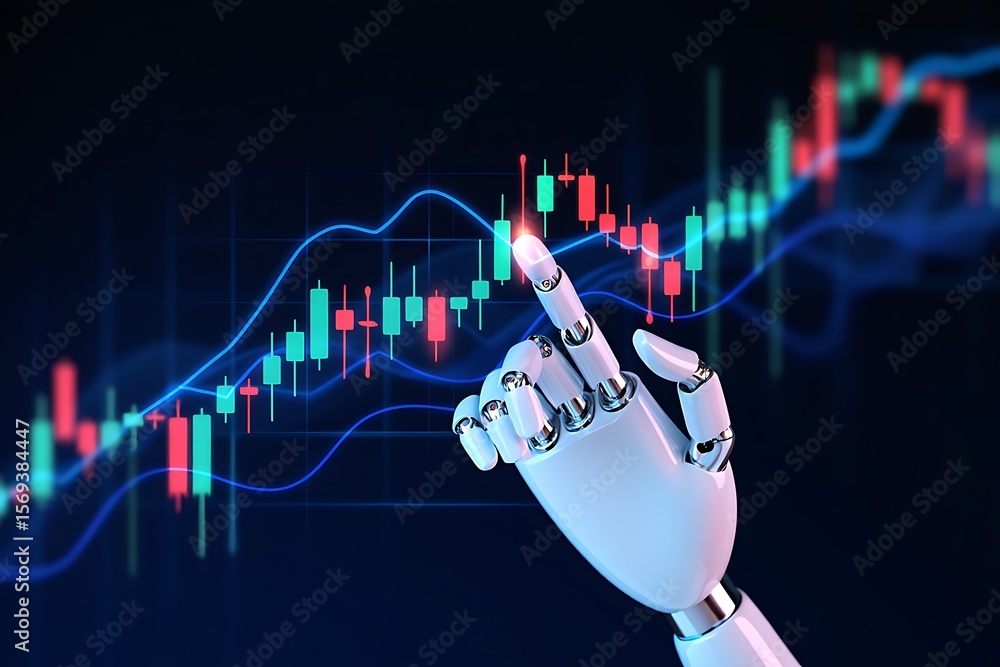 Poster robotic hand pointing at a glowing financial stock market chart with upward trend and candlestick gr