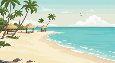 A serene tropical beach with swaying palm trees, crystal-clear ocean water, and a bright blue sky invites a relaxing summer vacation in paradise