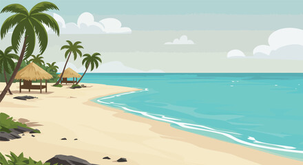 Obraz premium A serene tropical beach with swaying palm trees, crystal-clear ocean water, and a bright blue sky invites a relaxing summer vacation in paradise