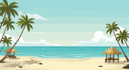 A serene tropical beach with swaying palm trees, crystal-clear ocean water, and a bright blue sky invites a relaxing summer vacation in paradise