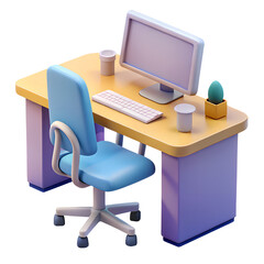 Modern Pastel Desk Setup: Computer, Chair, Plant, Minimalist 3D Render