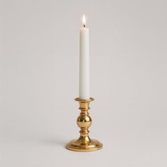 "Elegant White Candle in a Polished Golden Holder with a Soft Flame"
