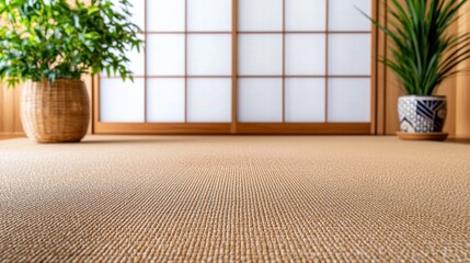Tatami Mat Weaving Concept, Soft Yet Firm Texture of Natural Flooring in a Tranquil Japanese Interior Space with Plants and Light