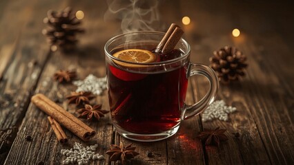 A cozy scene with hot mulled wine served on a rustic wooden background, surrounded by fragrant fir branches, warm cinnamon sticks, and fresh orange slices, evoking festive warmth and relaxation