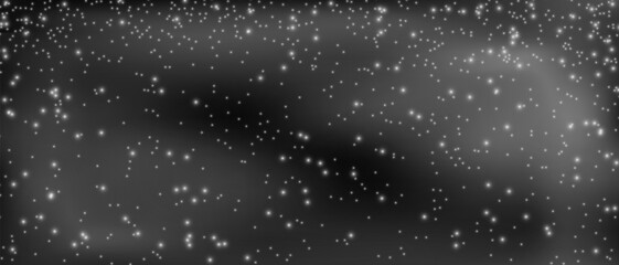 Snowflakes flying in the night sky background, Christmas snowfall of small shining snowflakes transparent overlay background, Snowstorm vector illustration on dark.