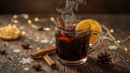 A cozy scene with hot mulled wine served on a rustic wooden background, surrounded by fragrant fir branches, warm cinnamon sticks, and fresh orange slices, evoking festive warmth and relaxation