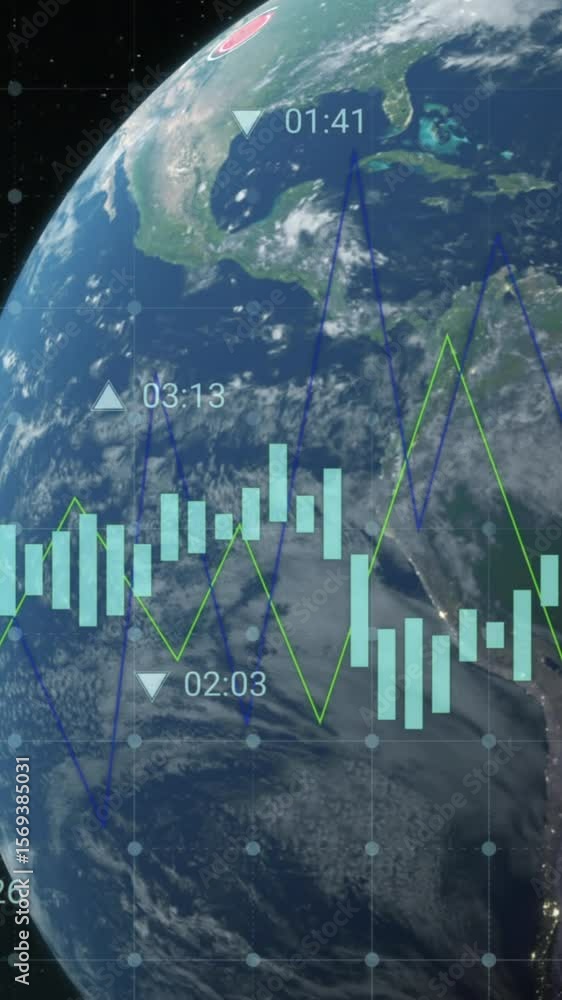 Poster animation of financial data processing over globe